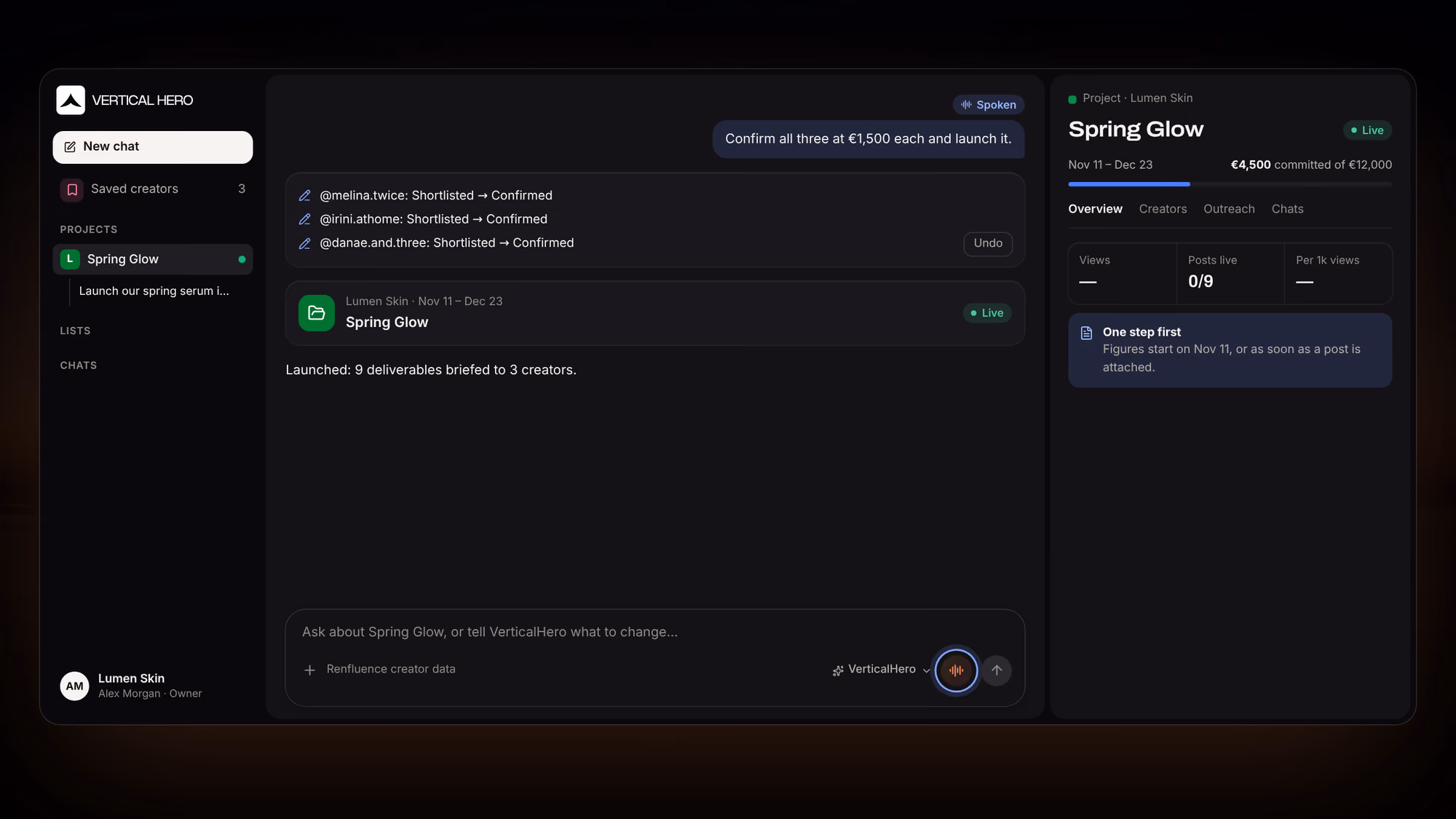 The VerticalHero workspace: a sidebar of projects, a conversation in the middle, and a project open on the right.